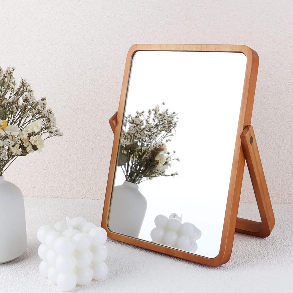 DaizySight Wooden Desk Mirror for Makeup, Small Rounded Rectangle Natural Cosmetic Mirror with Adjustable Stand for Make up Table, Aesthetic Desk Decor