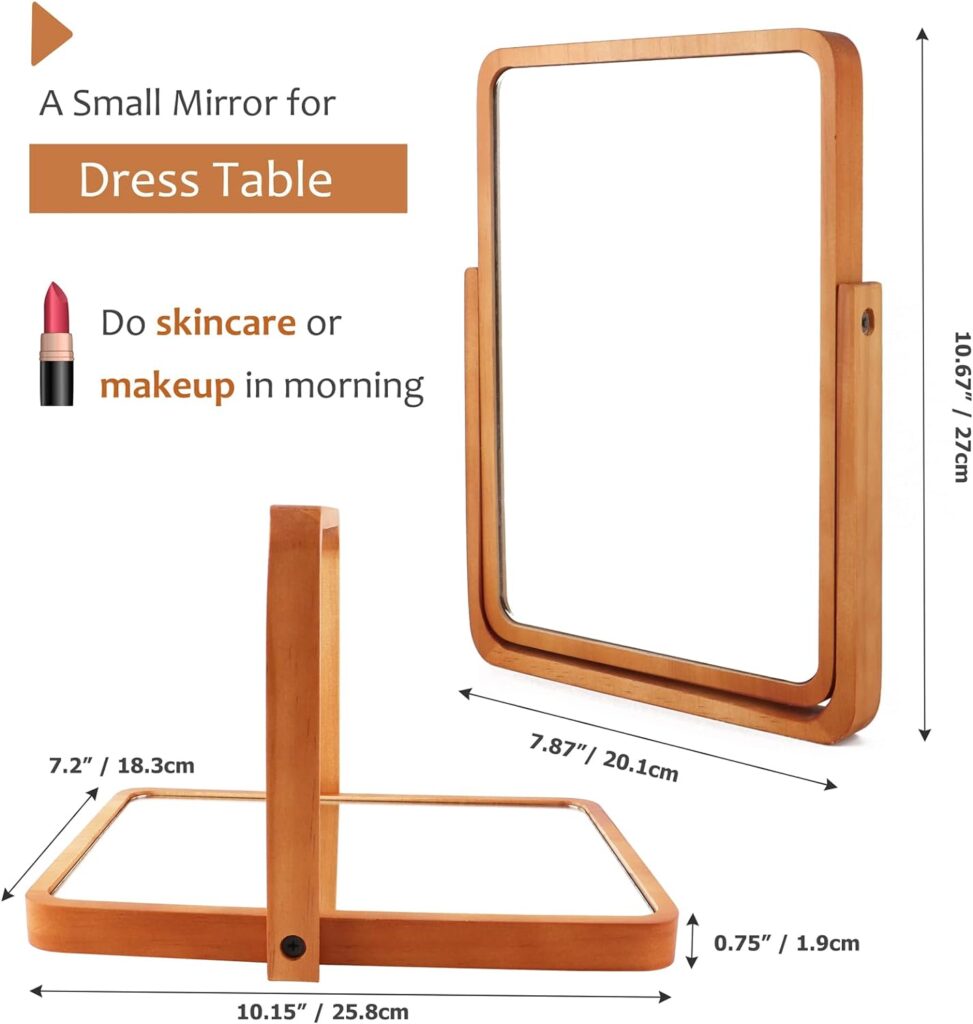 DaizySight Wooden Desk Mirror for Makeup, Small Rounded Rectangle Natural Cosmetic Mirror with Adjustable Stand for Make up Table, Aesthetic Desk Decor