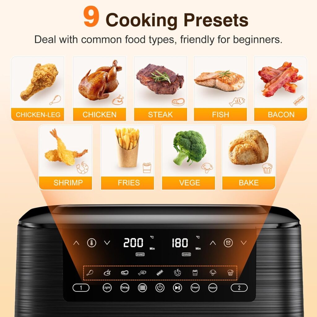 Dual Air Fryer with Visual Window, 9L XL Capacity, 2 Drawers, 9-In-1 Cooking Presets, Touch Screen, Smart Finish, Timer Function, Dishwasher-Safe, Healthy Oil Free Low Fat Cooking