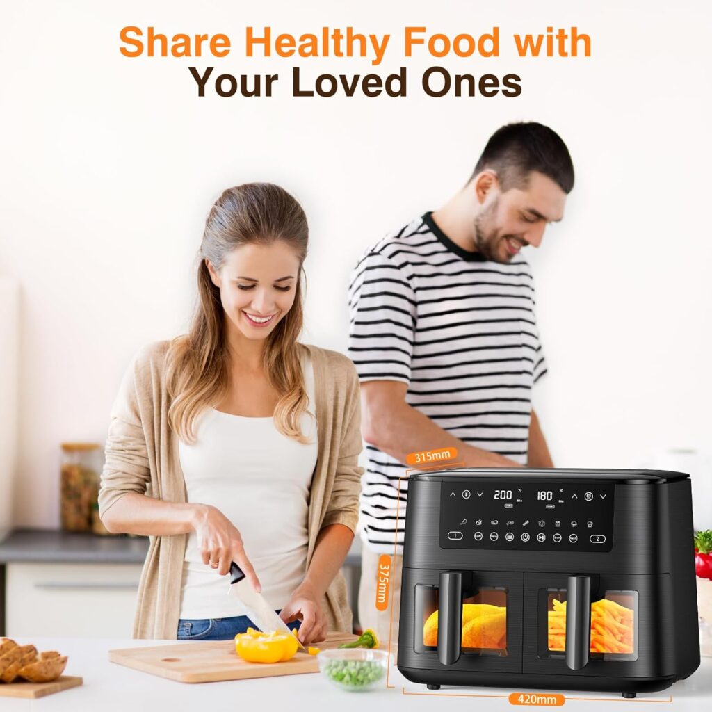 Dual Air Fryer with Visual Window, 9L XL Capacity, 2 Drawers, 9-In-1 Cooking Presets, Touch Screen, Smart Finish, Timer Function, Dishwasher-Safe, Healthy Oil Free Low Fat Cooking