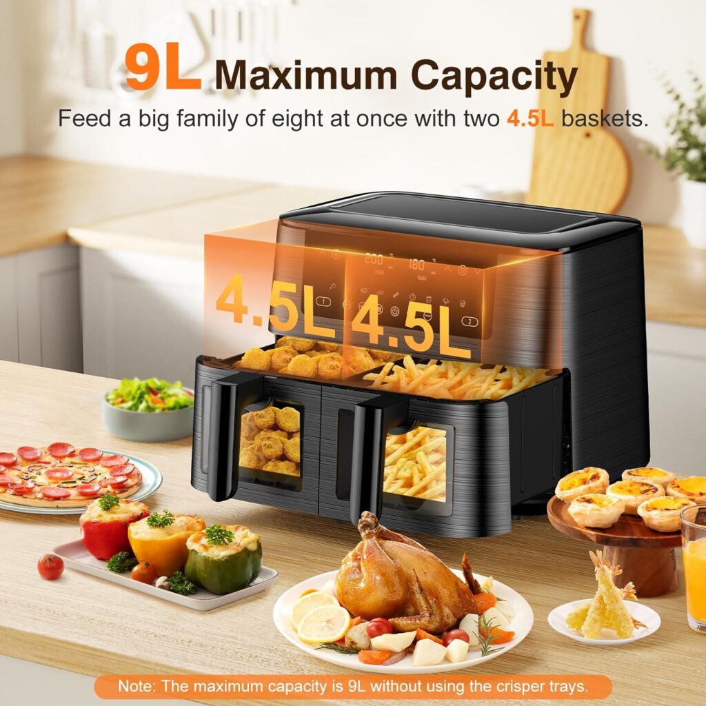 Dual Air Fryer with Visual Window, 9L XL Capacity, 2 Drawers, 9-In-1 Cooking Presets, Touch Screen, Smart Finish, Timer Function, Dishwasher-Safe, Healthy Oil Free Low Fat Cooking