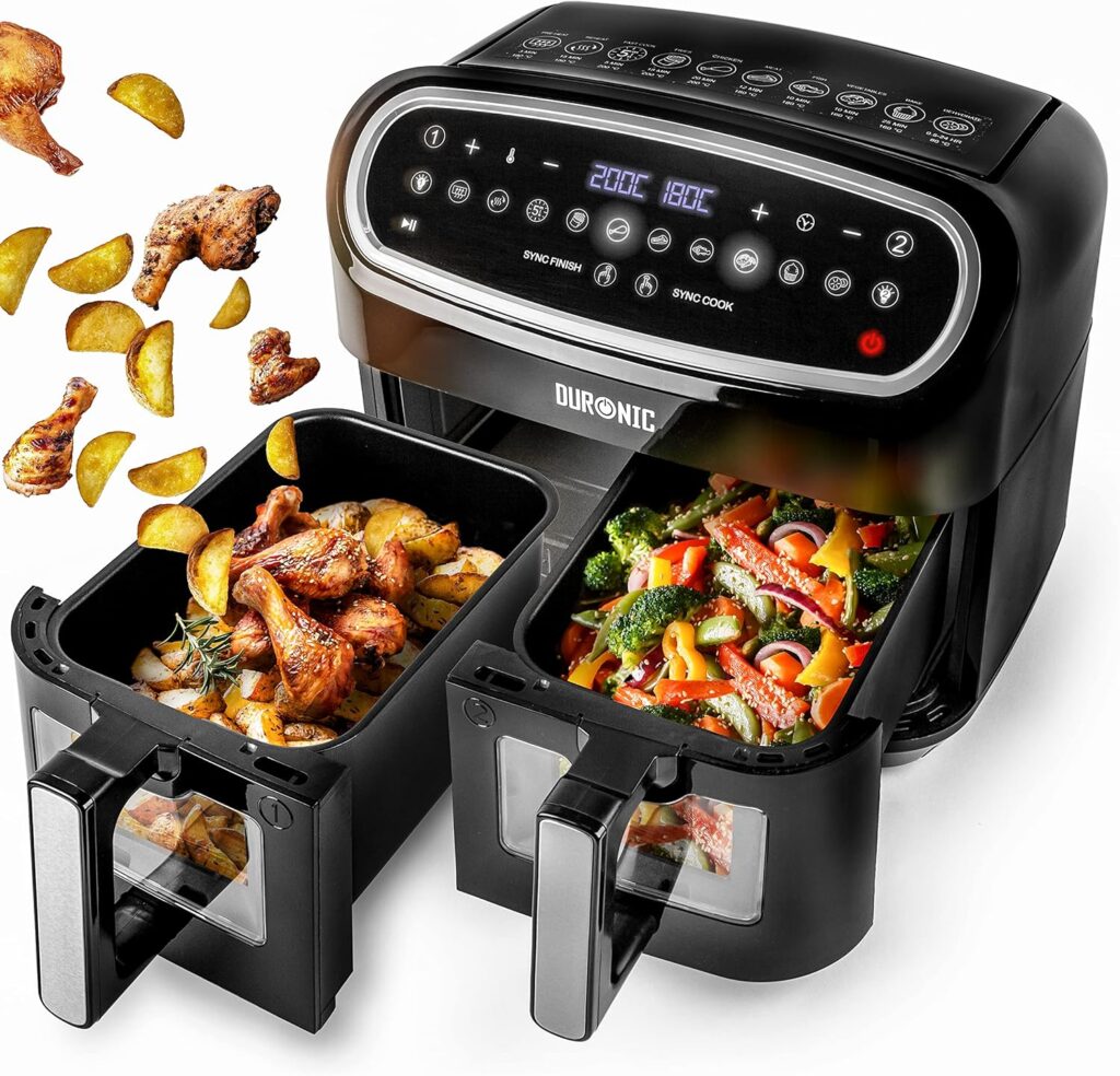 Duronic Air Fryer AF24 10L Large Dual Zone Family Sized Cooker, Double Basket Frying Drawer, Sync Cook and Sync Finish, 10 Pre-Set Cooking Programs, Digital Touch Control, Fast Healthy Oil Free Frying