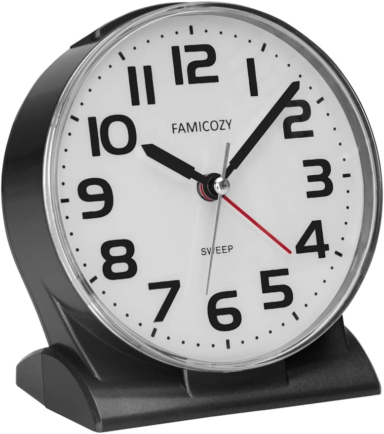 FAMICOZY Silent No Ticking Alarm Clock,Readable for Seniors Vision Impaired,Easy to Set,Ascending Alarm,Snooze,Gentle Wake,Soft Backlight,Battery Operated,Black [Energy Class A+++]