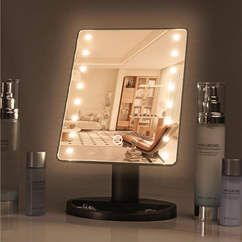HS Makeup Mirror with Lights - Light Up Vanity Mirror for Dressing Table Bathroom Desk - Battery Operated with LED Lights - Includes Detachable 10x Magnifying Mirror - Black