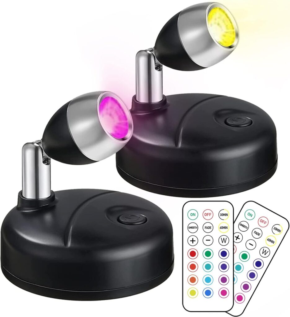 Klarlight 2 Pack Mini RGB Battery Spotlights Indoor with Remote Control Wireless LED Spot Lights Picture Light with 13 Light Colours for Cabinet Art Display Party Ambience