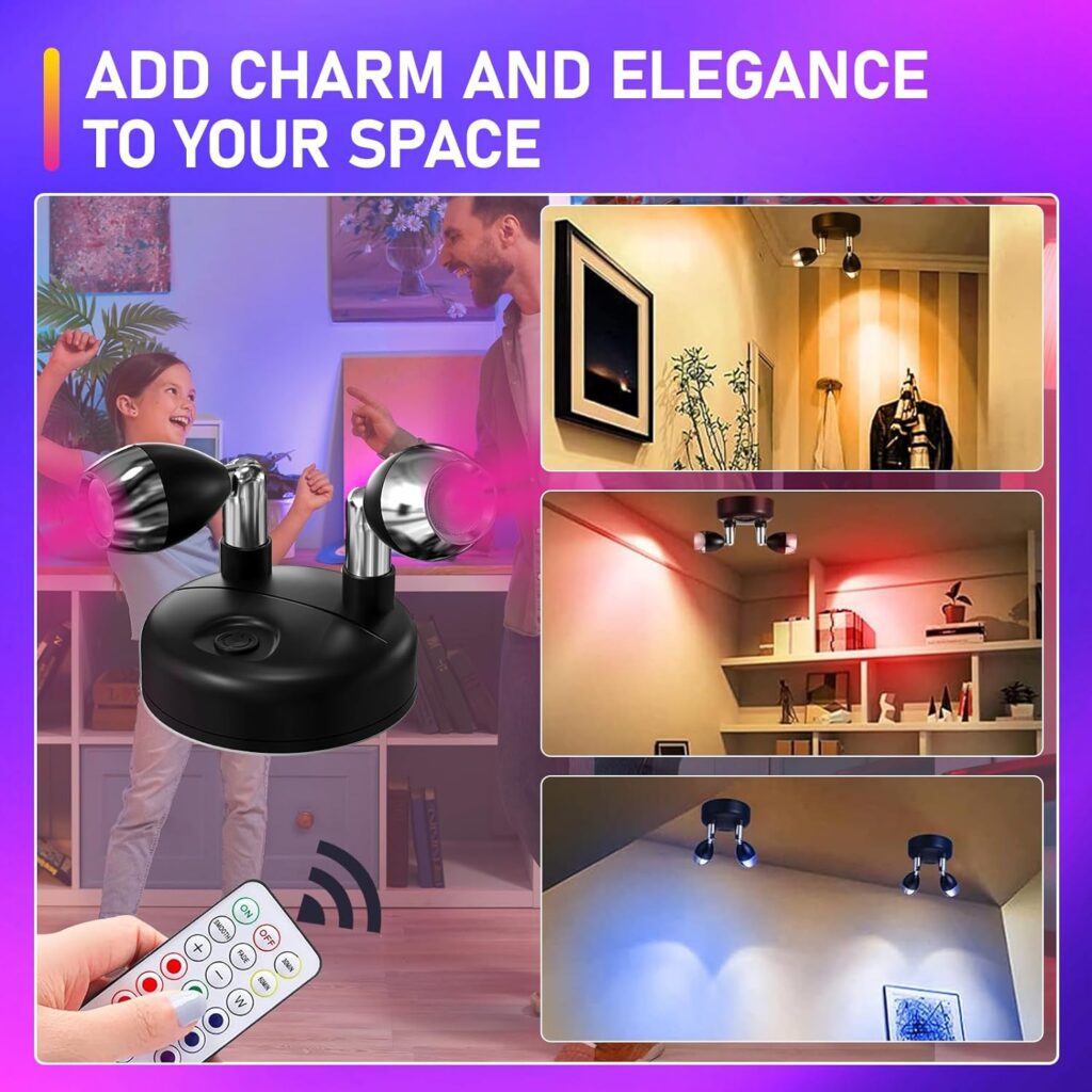 Klarlight 2 Pack Mini RGB Battery Spotlights Indoor with Remote Control Wireless LED Spot Lights Picture Light with 13 Light Colours for Cabinet Art Display Party Ambience