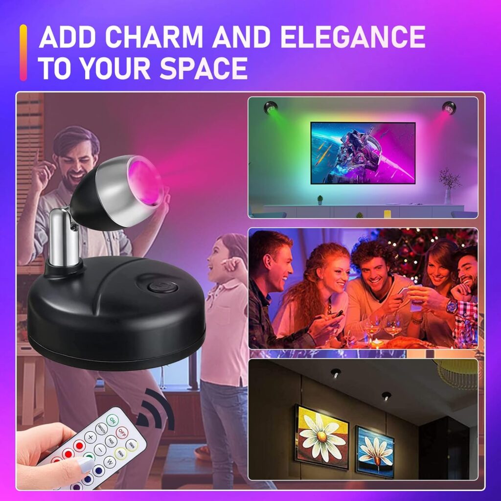 Klarlight 2 Pack Mini RGB Battery Spotlights Indoor with Remote Control Wireless LED Spot Lights Picture Light with 13 Light Colours for Cabinet Art Display Party Ambience