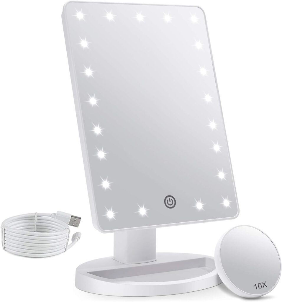 Makeup Vanity Mirror with Lights and Detachable 10X Magnification, 21 Led Lights Adjustable Dimming Touch Sensor, Dual Power Supply, 180° Rotation, Portable Cosmetic Mirror