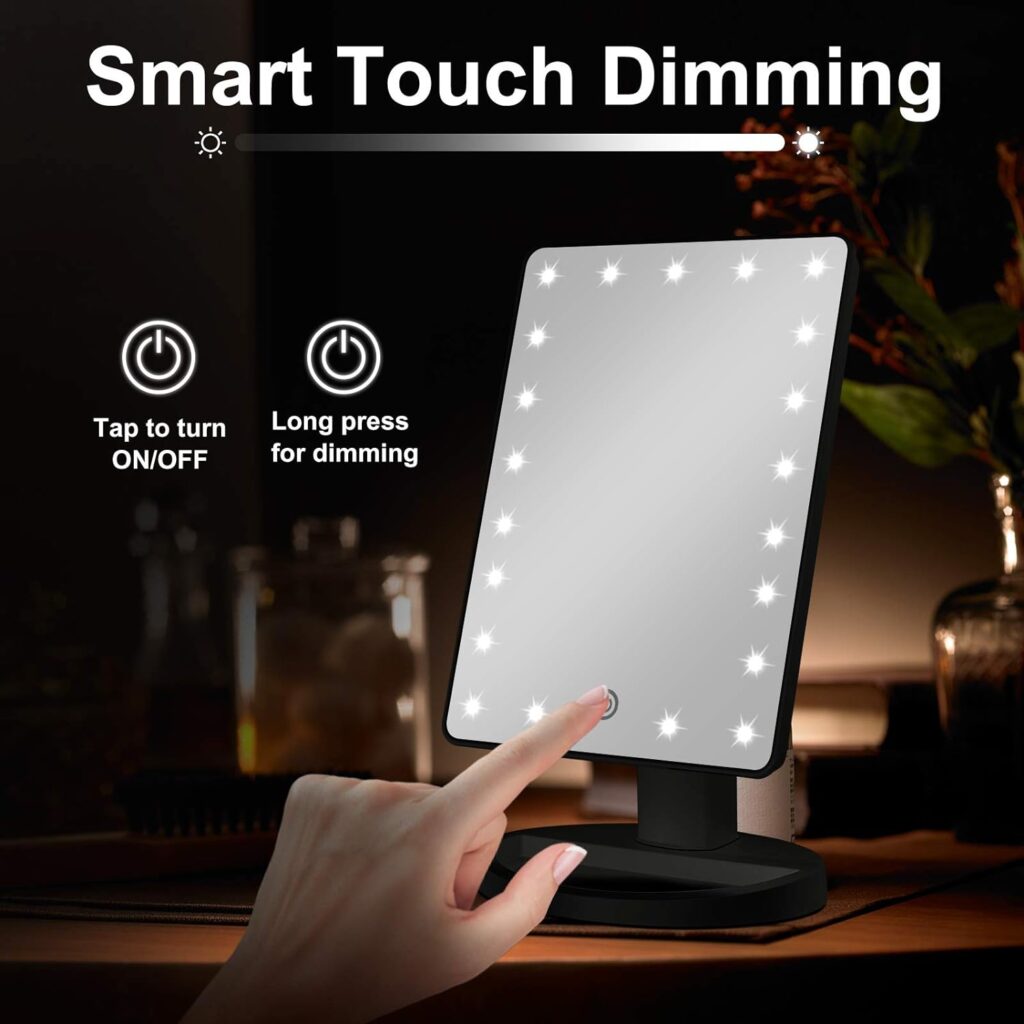 Makeup Vanity Mirror with Lights and Detachable 10X Magnification, 21 Led Lights Adjustable Dimming Touch Sensor, Dual Power Supply, 180° Rotation, Portable Cosmetic Mirror