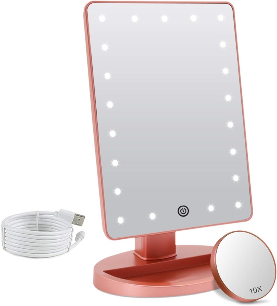 Makeup Vanity Mirror with Lights and Detachable 10X Magnification, 21 Led Lights Adjustable Dimming Touch Sensor, Dual Power Supply, 180° Rotation, Portable Cosmetic Mirror