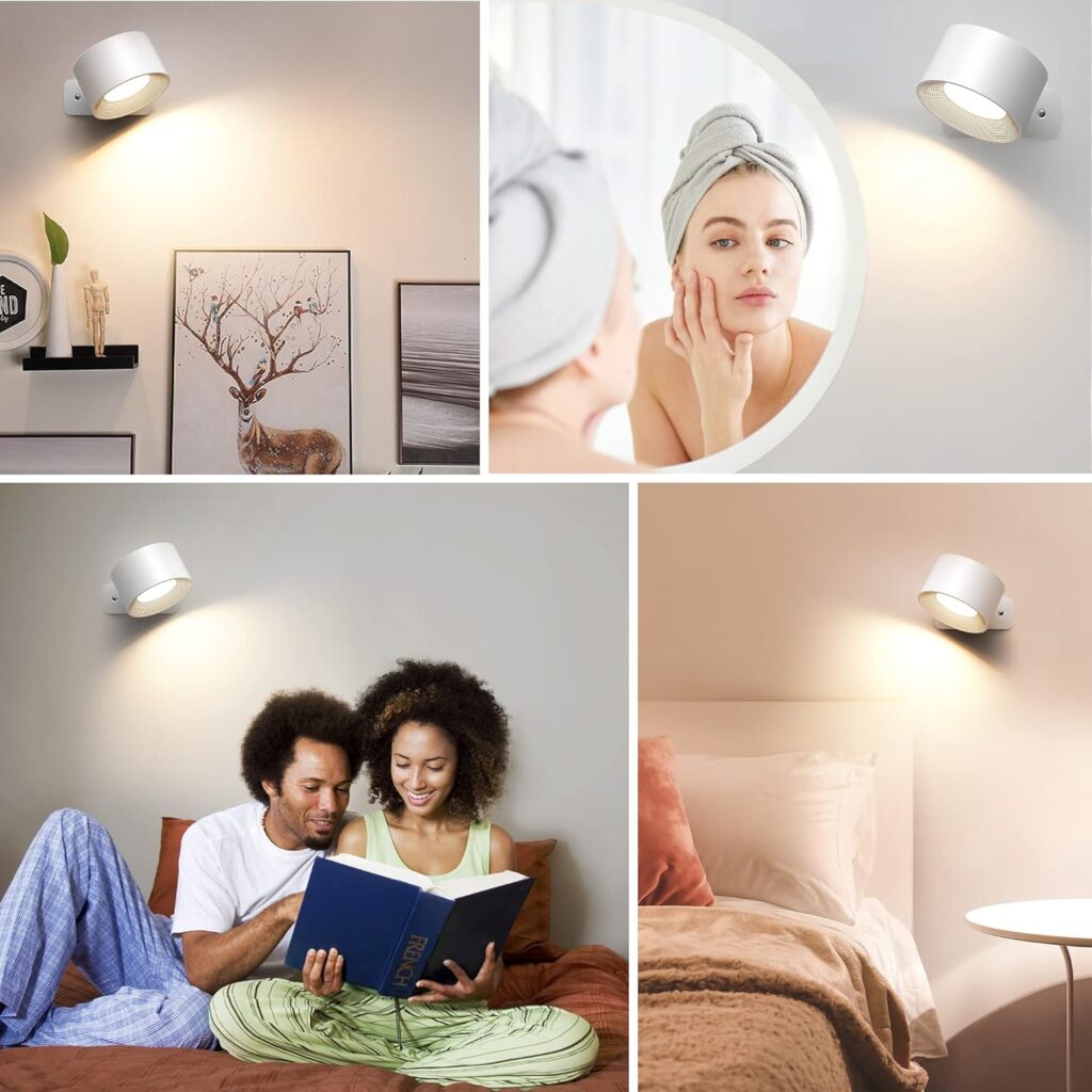 Mexllex 2PCS LED Wall Light Indoor, Rechargeable 360°Rotatable Touch Control LED Wall Lamps, 3 Brightness Levels 3 Color Modes, Wireless Wall Mounted, Reading Lights for Bedroom Bedside Lamp-White [Energy Class A]