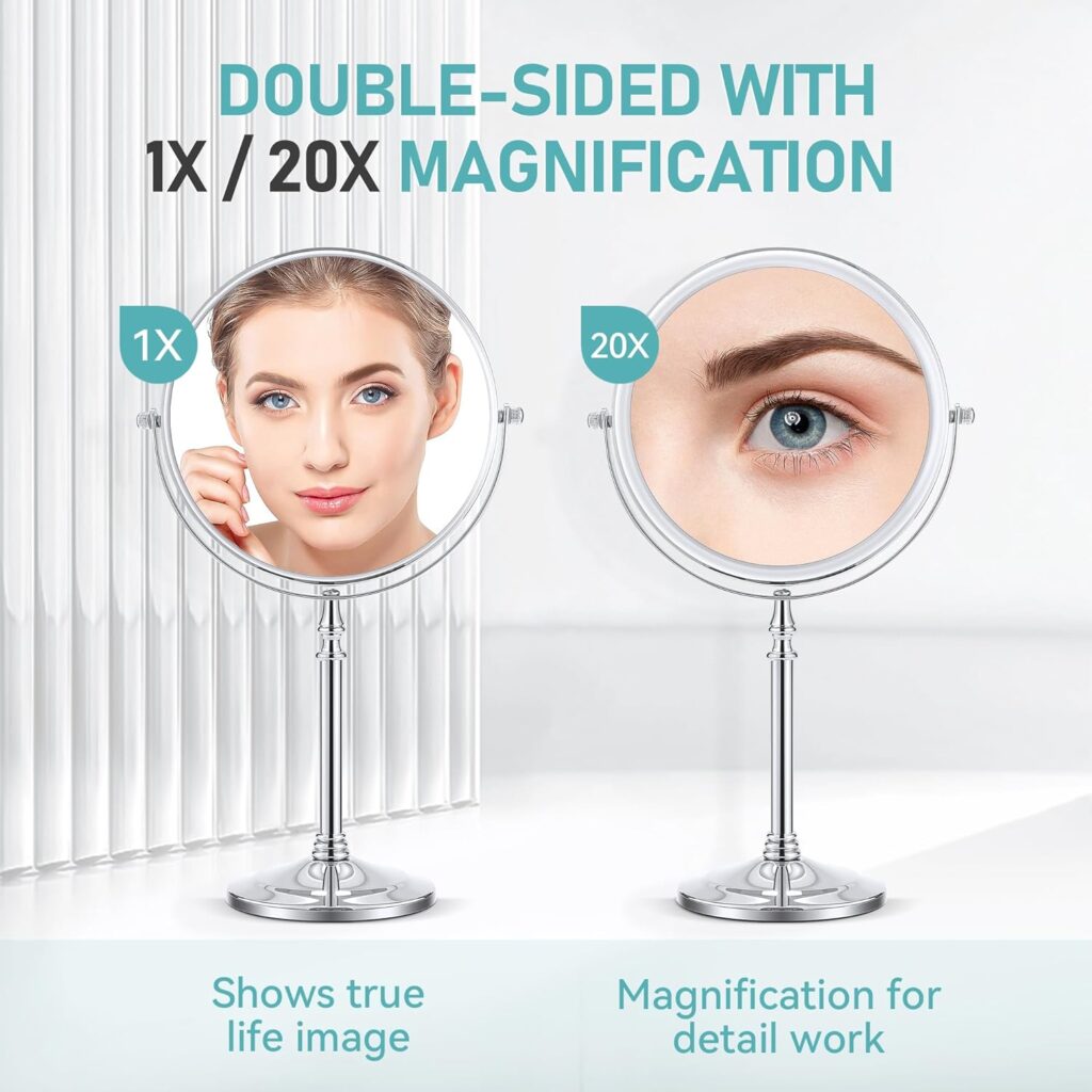 MIYADIVA 20X Magnifying makeup mirror,Double Sided 1X 20X magnifying mirror with stand,Magnifying mirror 20x,Tabletop Magnified Vanity Mirror with 360°Rotation for Bathroom or Bedroom