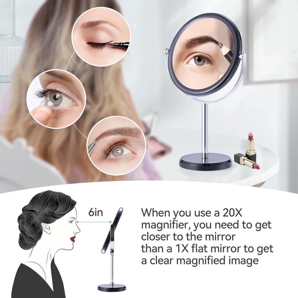 MIYADIVA 20X Magnifying makeup mirror,Double Sided 1X 20X magnifying mirror with stand,Magnifying mirror 20x,Tabletop Magnified Vanity Mirror with 360°Rotation for Bathroom or Bedroom