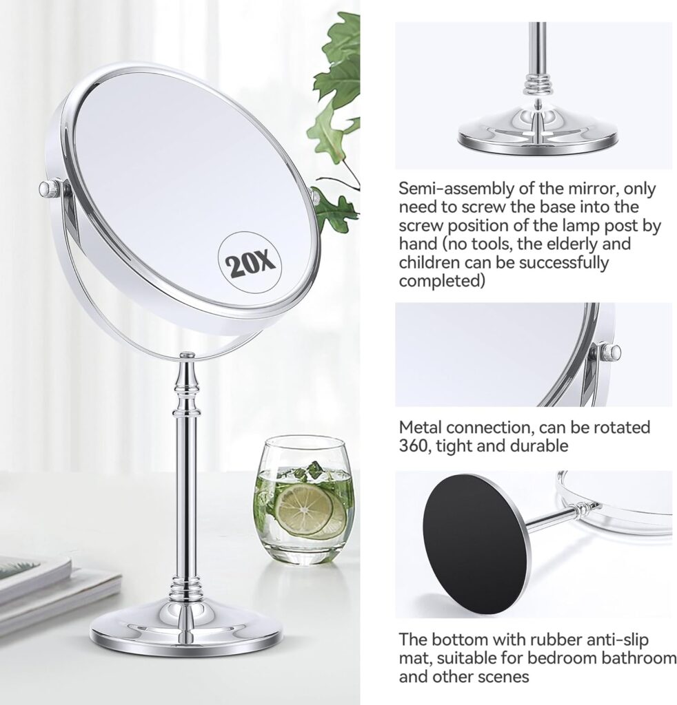 MIYADIVA 20X Magnifying makeup mirror,Double Sided 1X 20X magnifying mirror with stand,Magnifying mirror 20x,Tabletop Magnified Vanity Mirror with 360°Rotation for Bathroom or Bedroom