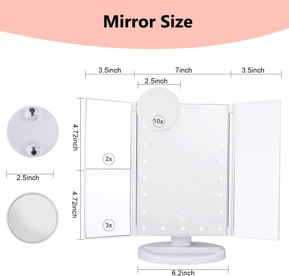 Nestling Makeup Mirror with LED Lights, 22 LED Lights Vanity Cosmetic with Touch Screen, Magnification Tri-Fold 2X 3X Magnifying, 180° Free Rotation, Dual Power Supply LED MIrror(White)