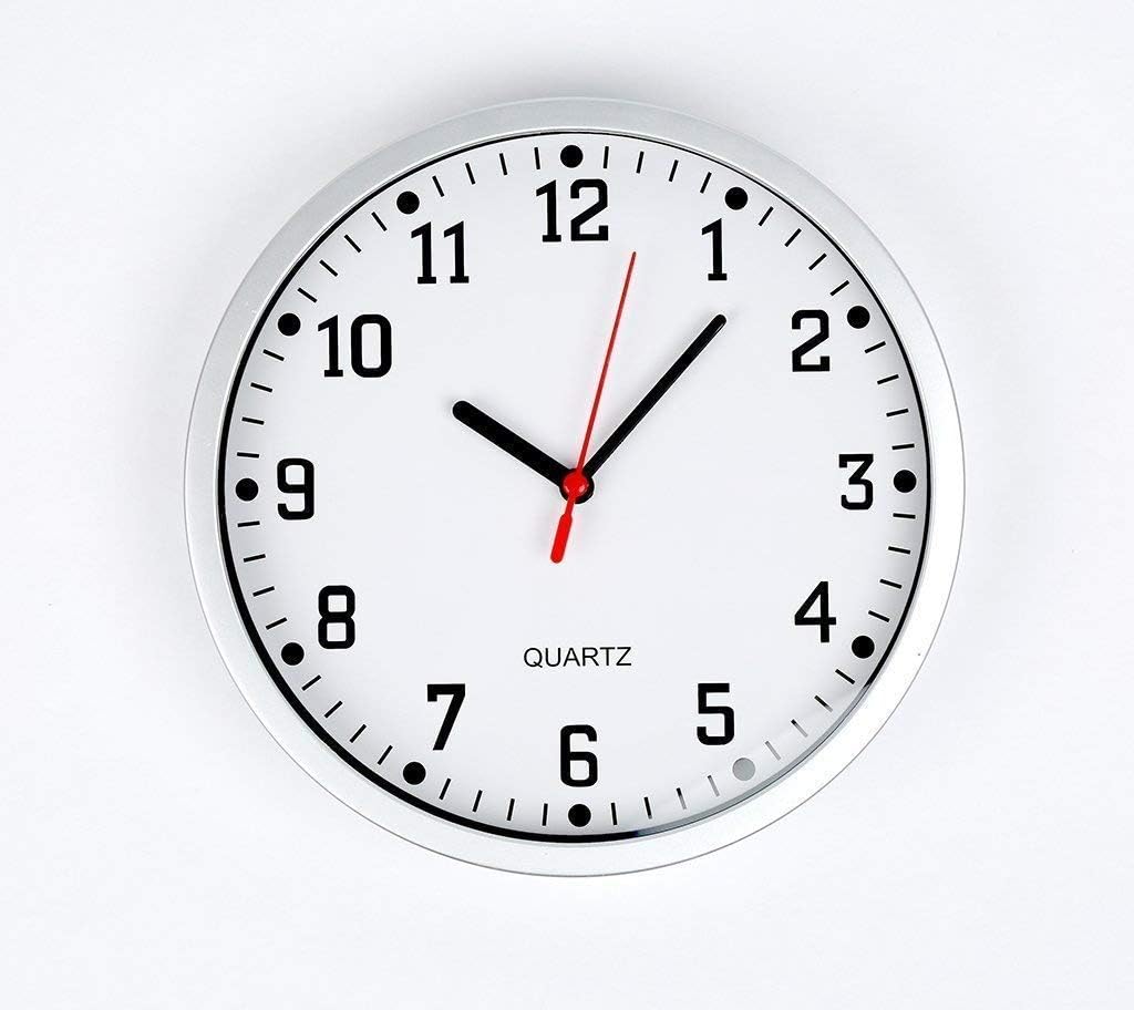 REAL ACCESSORIES® Stylish Modern Wall Clock with Silver Frame White Dial. Easy Readable Big Numbers. Ideal for Any Room in Home, Office, School, Caravan, Garage.