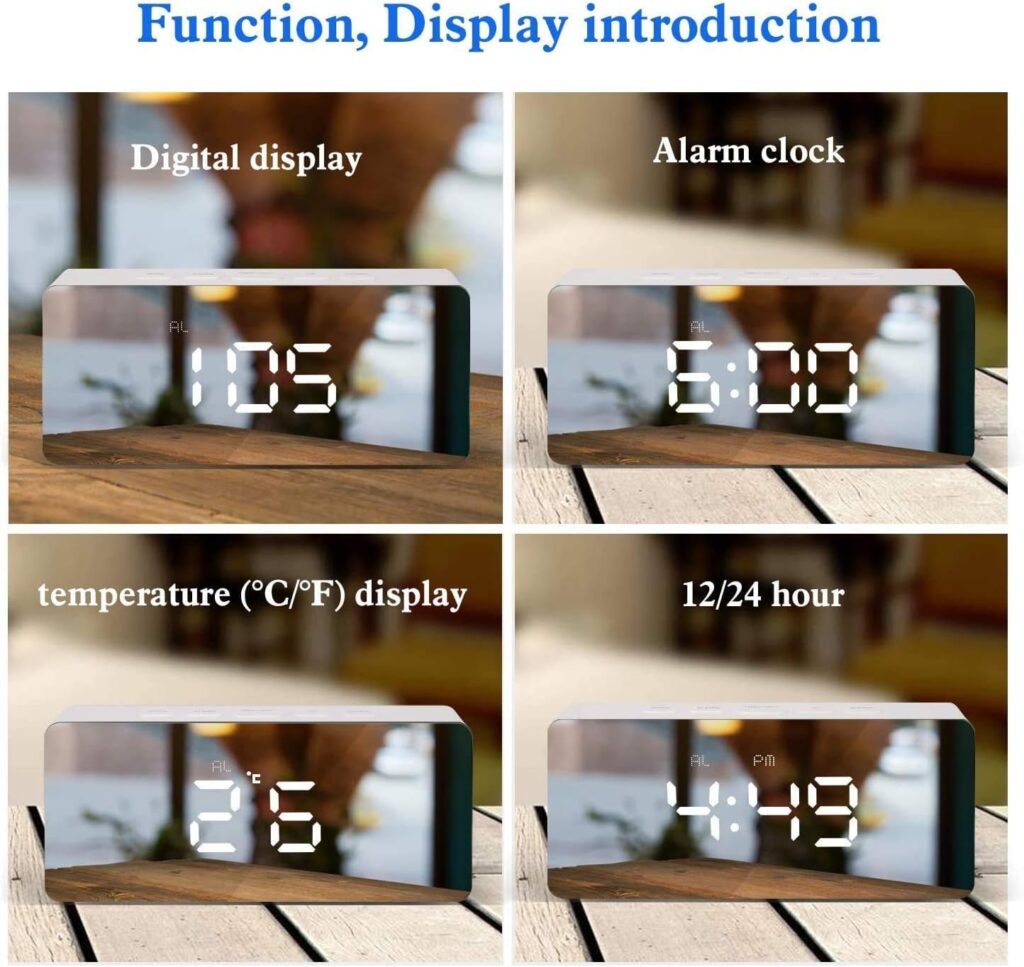 RMFC LED Digital Mirror Alarm Clock with Temperature Date Calendar for Bedside, Bedroom, Office, Snooze, Adjustable Brightness, Voice Control Night Mode (White)