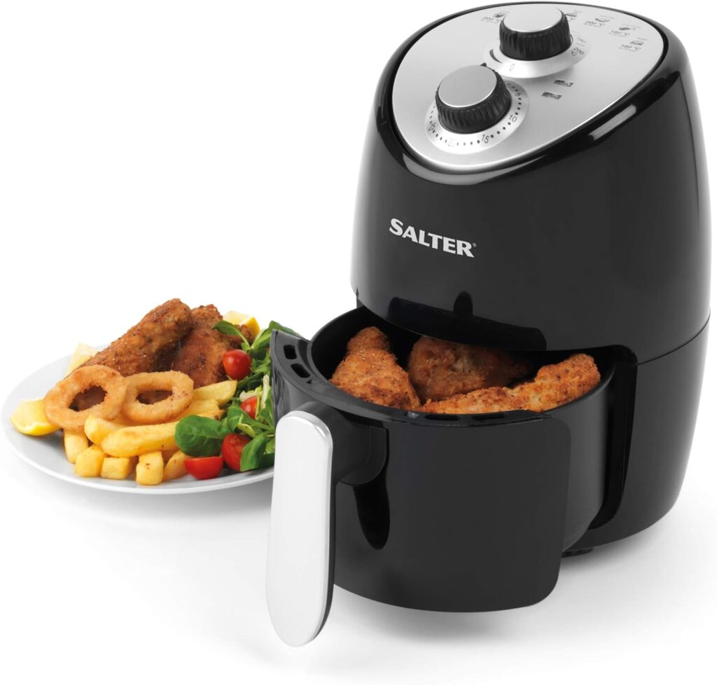 Salter EK2817 2L Compact Air Fryer - Hot Air Circulation, Removable Non-Stick Cooking Rack, Adjustable Temperature Up To 200°C, 30 Minute Timer, 1000W, Small Household Air Fry Oven, Black/Silver