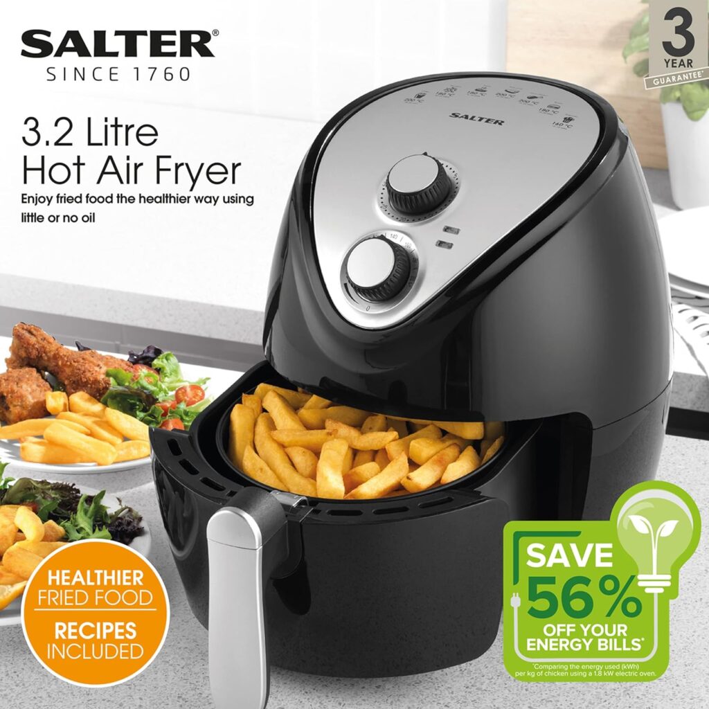 Salter EK2817 2L Compact Air Fryer - Hot Air Circulation, Removable Non-Stick Cooking Rack, Adjustable Temperature Up To 200°C, 30 Minute Timer, 1000W, Small Household Air Fry Oven, Black/Silver