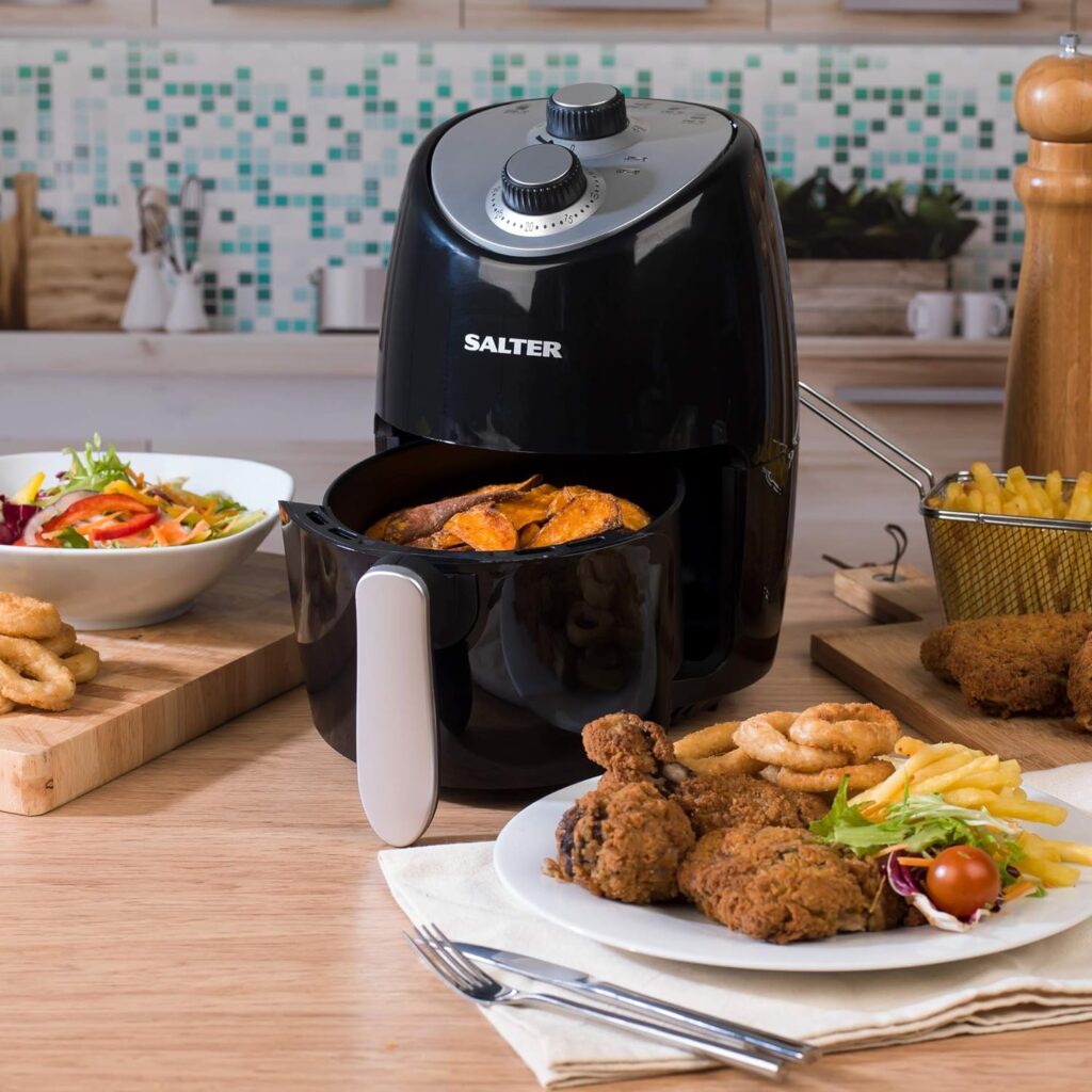 Salter EK2817 2L Compact Air Fryer - Hot Air Circulation, Removable Non-Stick Cooking Rack, Adjustable Temperature Up To 200°C, 30 Minute Timer, 1000W, Small Household Air Fry Oven, Black/Silver