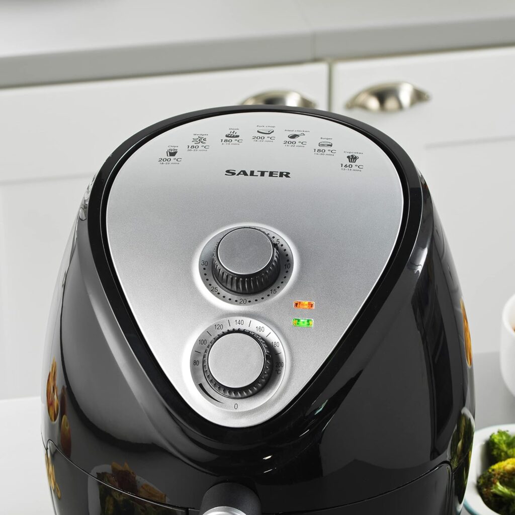 Salter EK2817 2L Compact Air Fryer - Hot Air Circulation, Removable Non-Stick Cooking Rack, Adjustable Temperature Up To 200°C, 30 Minute Timer, 1000W, Small Household Air Fry Oven, Black/Silver