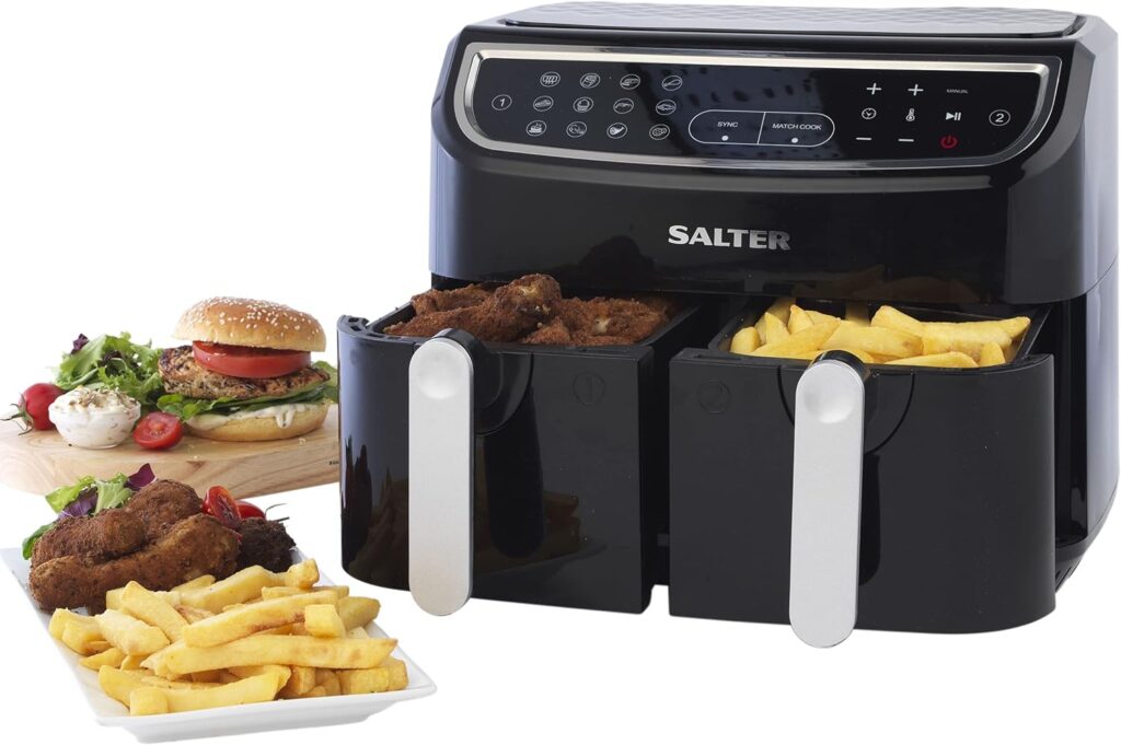 Salter EK4548 Dual Air Fryer - Double Drawer, 2 XL Non-Stick Cooking Trays, Sync Match Cook Function, Independent Cooking, 8.2L, Sensor Touch Display, 12 Presets, Oil Free, 2200W-2600W, Black/Silver