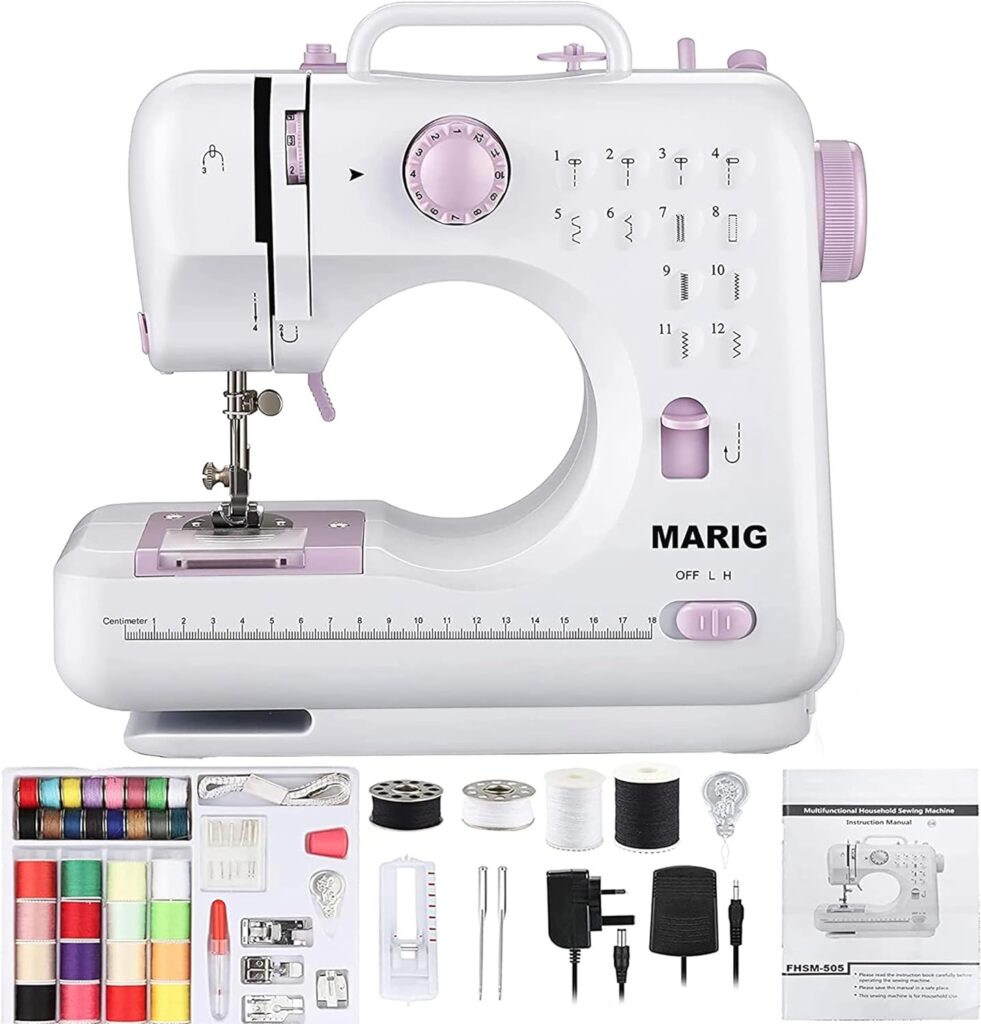 Sewing machine for beginners with instructional DVD, 5 languages manual, 52PCS accessories, 12 stitches 2 speeds double thread, MARIG FHSM-505