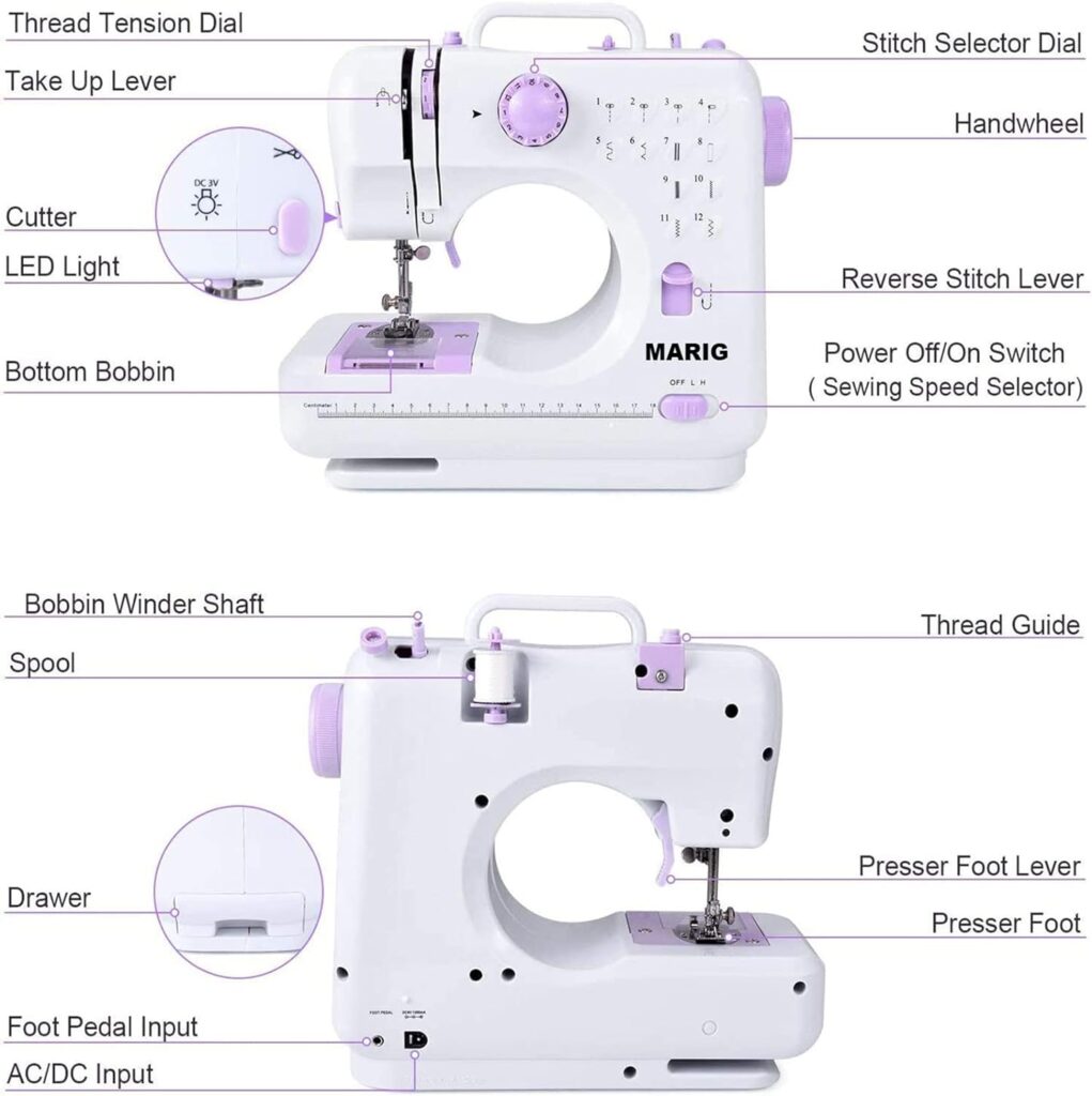 Sewing machine for beginners with instructional DVD, 5 languages manual, 52PCS accessories, 12 stitches 2 speeds double thread, MARIG FHSM-505