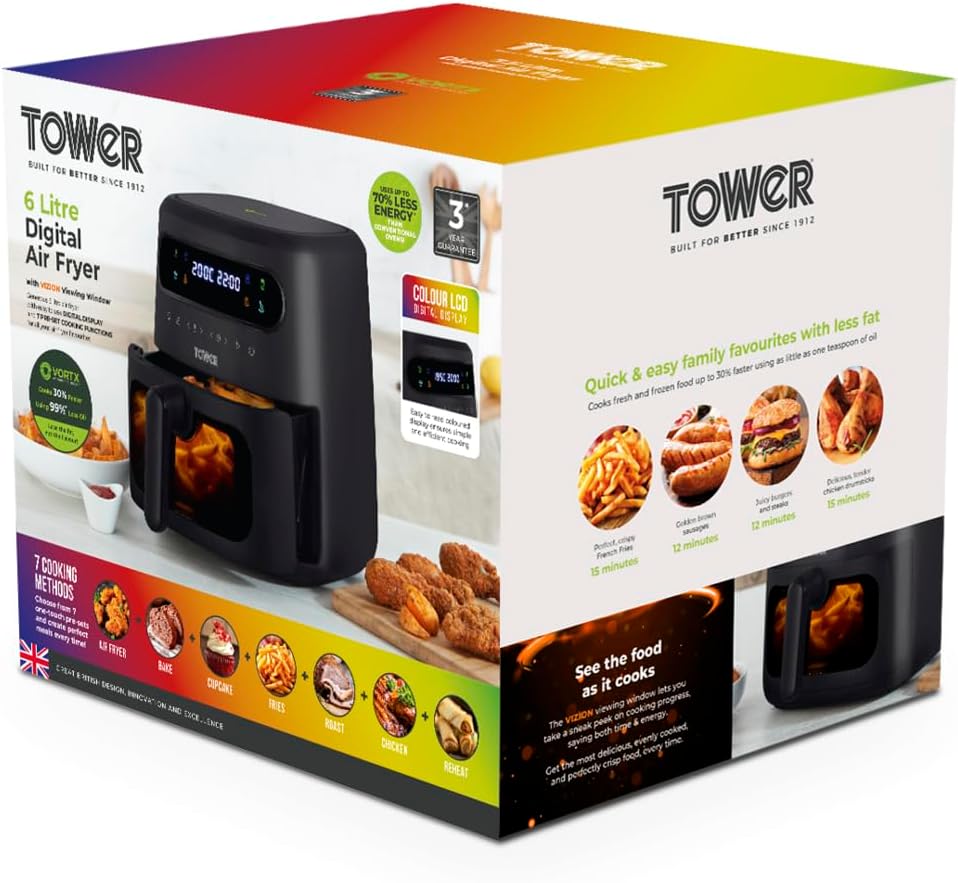 Tower T17021 Family Size Air Fryer with Rapid Air Circulation, 60-Minute Timer, 4.3L, 1500W, Black