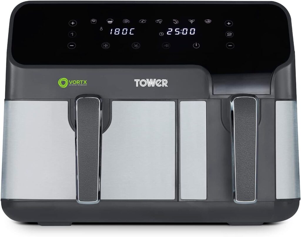 Tower T17099 Vortx 5.2L and 3.3L Eco Dual Drawer Air Fryer with 8 One-Touch Pre-sets, 1700 W Power, Black