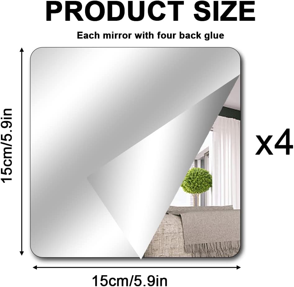 TSLBW 4 Pack Self Adhesive Mirror Stick on Mirror 15x15cm Acrylic Mirror School Mirrors Flexible Mirror Sheets Mirror Stickers for Wall School Home Livingroom Bathroom Bedroom Decor