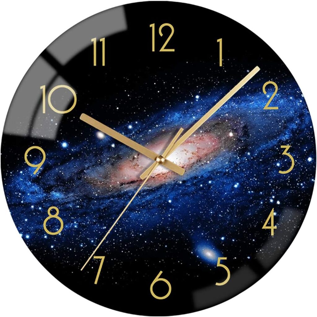 VIKMARI Black Arabic Numerial Wall Clock 12 Inch Silent Quality Quartz Battery Operated Wall Clocks- Round Glass Wall Clocks for Kitchen, Living Room, Dining Room and Bedroom - Night Sky Pattern