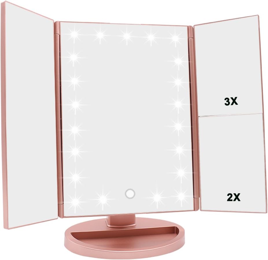 WEILY Tri-fold Vanity Mirror, 21 LEDs and 2X/3X Magnification, Touch Switch for Adjusting Brightness, Dual Power Supply mode Makeup Mirror (Rose Gold)