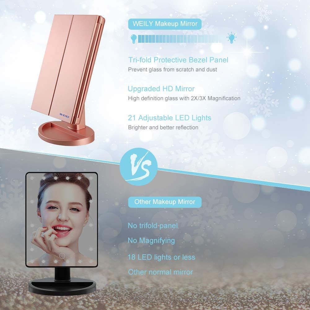 WEILY Tri-fold Vanity Mirror, 21 LEDs and 2X/3X Magnification, Touch Switch for Adjusting Brightness, Dual Power Supply mode Makeup Mirror (Rose Gold)