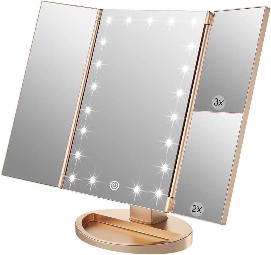 WEILY Tri-fold Vanity Mirror, 21 LEDs and 2X/3X Magnification, Touch Switch for Adjusting Brightness, Dual Power Supply mode Makeup Mirror (Rose Gold)