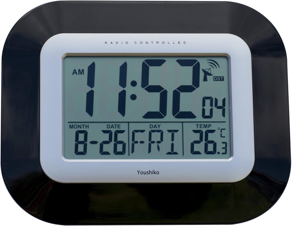 Youshiko Radio Controlled LCD Wall Mountable and Desk Clock (UK Ireland Version) Jumbo LCD (Black)