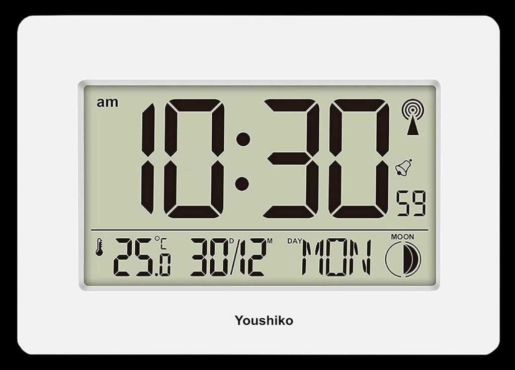 Youshiko Radio Controlled Wall Clock (Official UK Version) Large Screen LCD Silent Auto Set Up with Day Date Month h