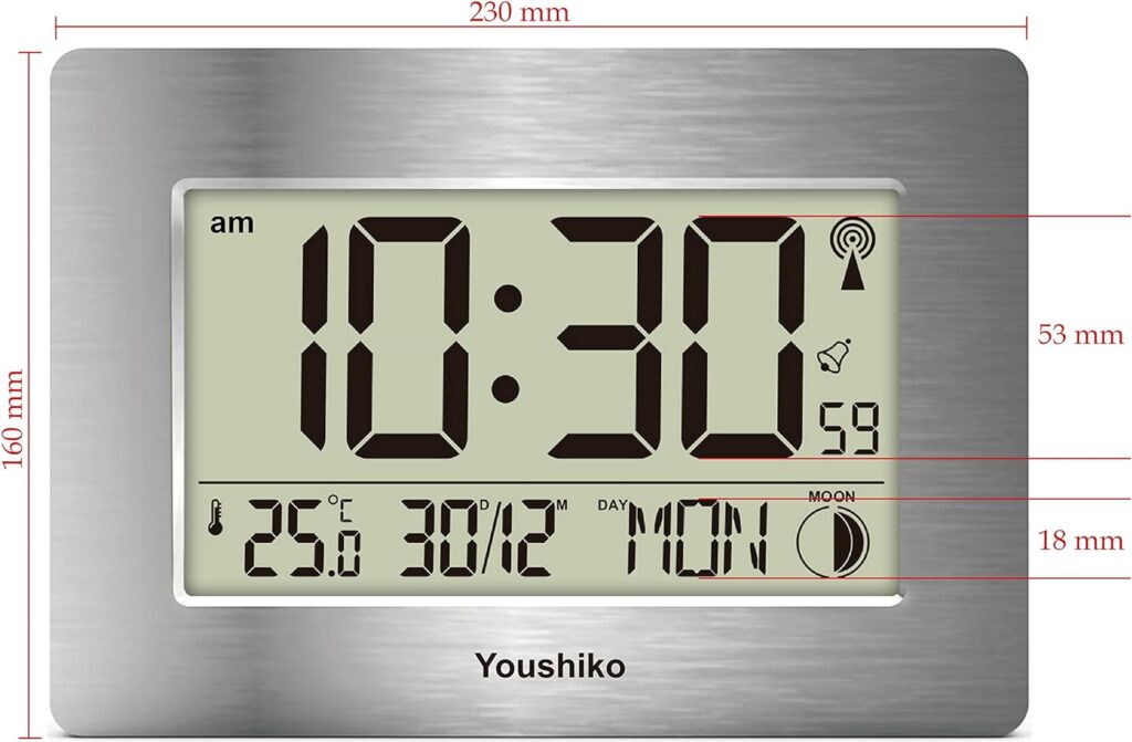 Youshiko Radio Controlled Wall Clock (Official UK Version) Large Screen LCD Silent Auto Set Up with Day Date Month h