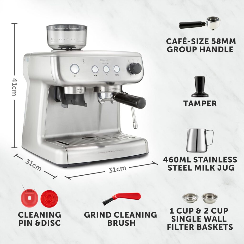 Breville Barista Max Espresso Machine | Latte Cappuccino Coffee Maker with Integrated Bean Grinder Steam Wand | 2.8 L Water Tank | 15 Bar Italian Pump | Stainless Steel