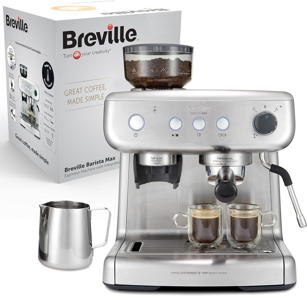 Breville Barista Max Espresso Machine | Latte Cappuccino Coffee Maker with Integrated Bean Grinder Steam Wand | 2.8 L Water Tank | 15 Bar Italian Pump | Stainless Steel