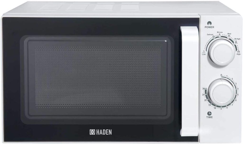 Haden White Microwave Oven 20L - Stainless Steel Interior, 700W with 6 Power Levels, 30min Timer, Defrost Function, and 24.5cm Turntable Glass - Easy To Clean and Use