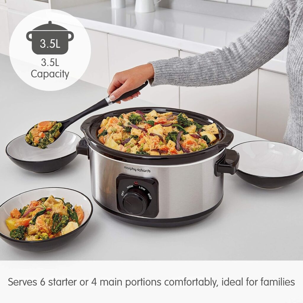 Morphy Richards 3.5L Stainless Steel Slow Cooker, 3 Heat Settings, One Pot Solution, Dishwasher Safe Ceramic Pot, 460017