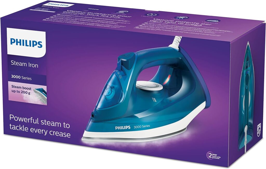 Philips Perfect Care 3000 Series Steam Iron, 2600 W Power, 40 g/min Continuous Steam, 200 g Steam Boost, 300 ml Water Tank, Ceramic Soleplate, Blue (DST3040/79)