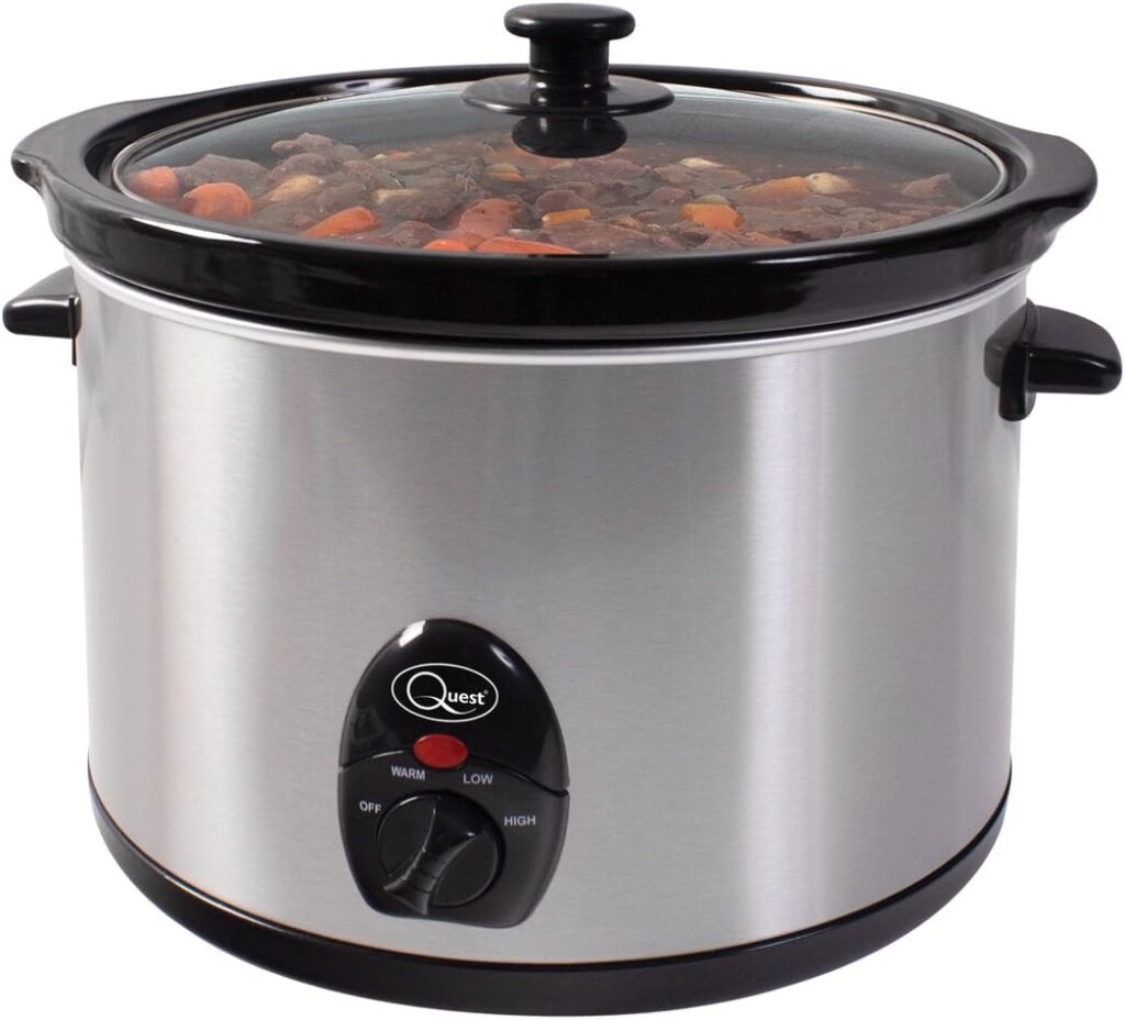 Quest 35280 Slow Cooker / 5 Litres/Compact Stainless Steel / 320W / 3 Temperature Settings/Transparent Toughened Glass Lid/Dishwasher Safe