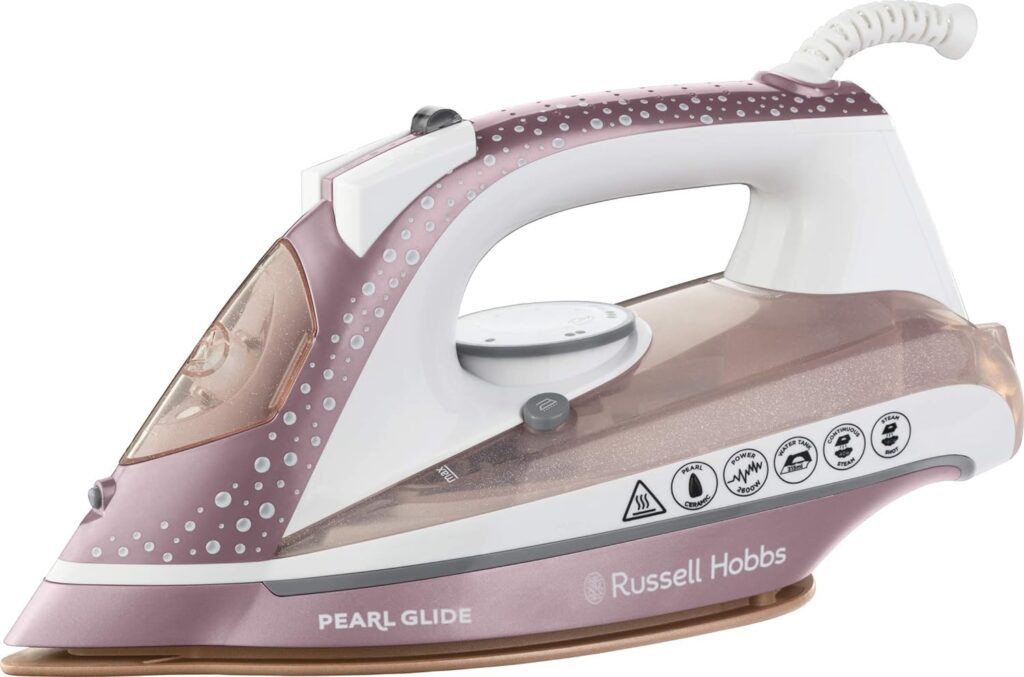 Russell Hobbs Pearl Glide Steam Iron, Pearl Infused Ceramic Soleplate for smoother glide, 315ml Water Tank, 150g Steam Shot, 40g Continuous steam, Anti-drip Anti-calc function, 2m Cord, 2600W, 23972