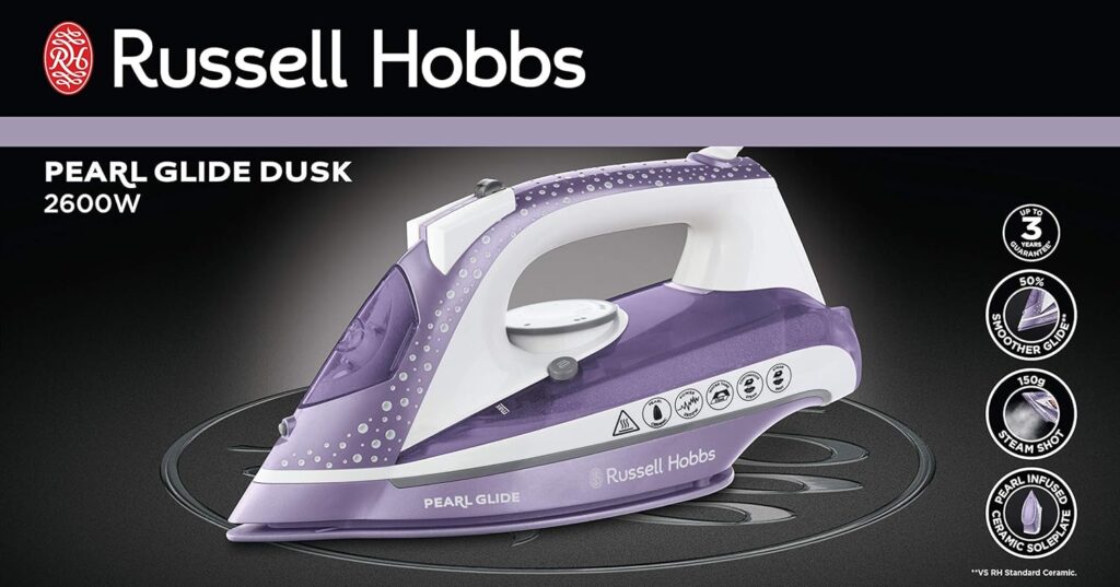 Russell Hobbs Pearl Glide Steam Iron, Pearl Infused Ceramic Soleplate for smoother glide, 315ml Water Tank, 150g Steam Shot, 40g Continuous steam, Anti-drip Anti-calc function, 2m Cord, 2600W, 23972