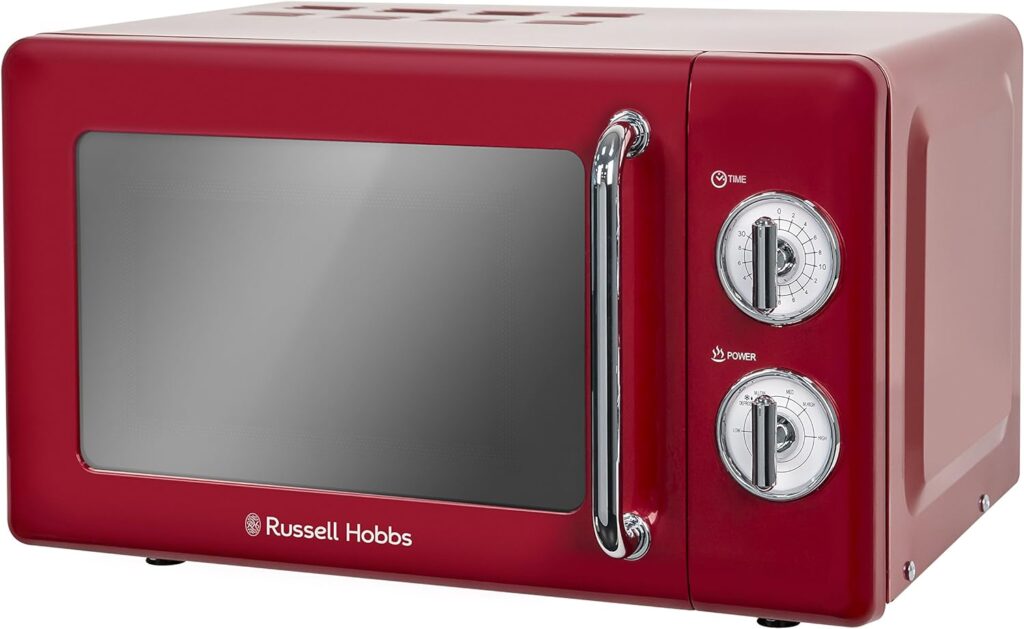 Russell Hobbs RHRETMM705R-N 17 L 700 W Red Compact Retro Solo Manual Microwave with 5 Power Levels, Timer, Defrost Setting, Easy Clean