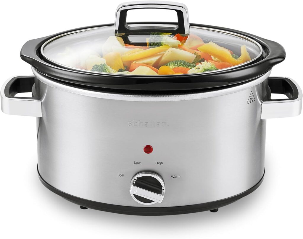 Schallen Stainless Steel Stew and Stir Slow Cooker Cooking Machine, Family Sized, Energy Efficient, Removable Ceramic Pot, Brushed Silver (1.5 Litre)