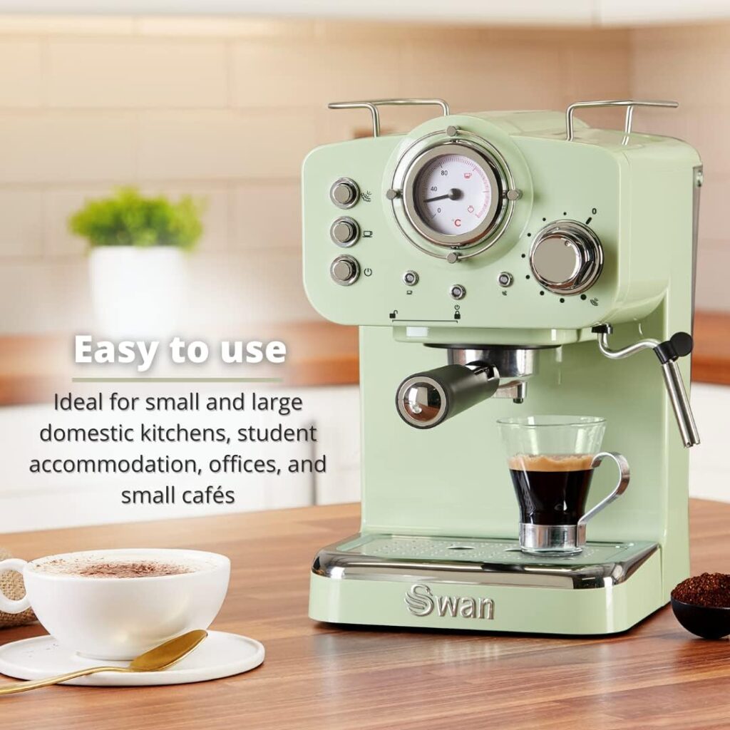 Swan SK22110GN Retro Espresso Coffee Machine with Milk Frother, Steam Pressure Control, 1.2L Detachable Water Tank, 1100W, Retro Green