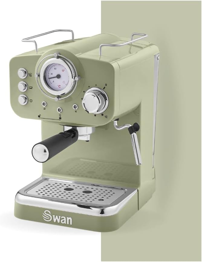 Swan SK22110GN Retro Espresso Coffee Machine with Milk Frother, Steam Pressure Control, 1.2L Detachable Water Tank, 1100W, Retro Green